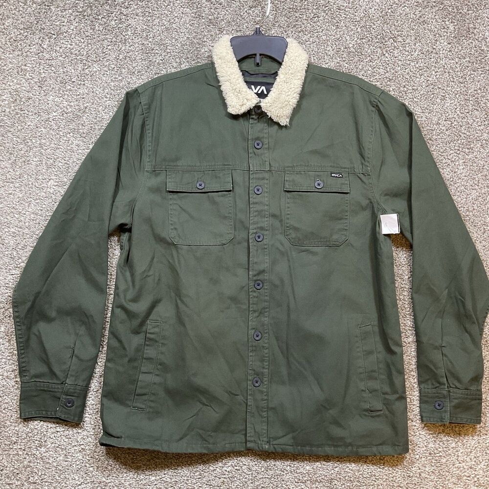 RVCA Mens Green Range Jacket Shacket Sherpa Collar Utility Lined Size Large NWT